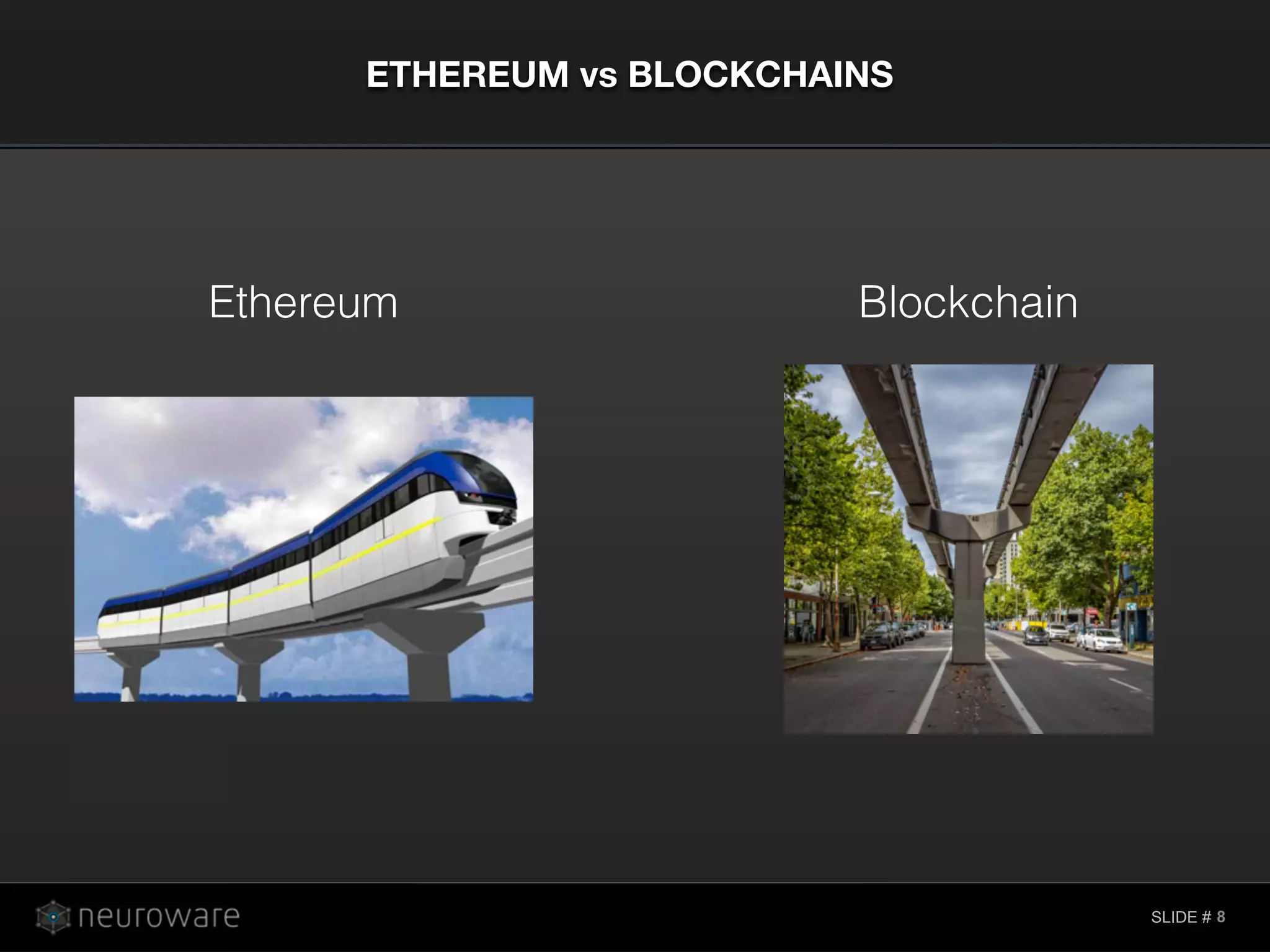 SLIDE #
ETHEREUM vs BLOCKCHAINS
8
Ethereum Blockchain
 