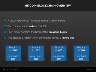 SLIDE #
BITCOIN BLOCKCHAIN OVERVIEW
13
A bitcoin blockchain is made from a chain of blocks
Each block has a hash as their ID
Each block contains the hash of the previous block
This creates a “chain”, or in computing terms, a linked list
Block 1
id: 001
prev hash:
000
Block 2
id: 002
prev hash:
001
Block 3
id: 003
prev hash:
002
Block 4
id: 004
prev hash:
003
 
