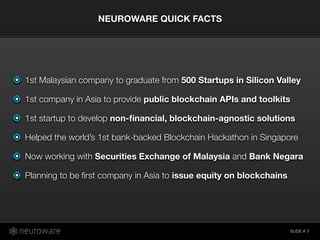 SLIDE #
NEUROWARE QUICK FACTS
3
1st Malaysian company to graduate from 500 Startups in Silicon Valley
1st company in Asia to provide public blockchain APIs and toolkits
1st startup to develop non-ﬁnancial, blockchain-agnostic solutions
Helped the world’s 1st bank-backed Blockchain Hackathon in Singapore
Now working with Securities Exchange of Malaysia and Bank Negara
Planning to be ﬁrst company in Asia to issue equity on blockchains
 