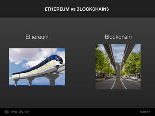 SLIDE #
ETHEREUM vs BLOCKCHAINS
8
Ethereum Blockchain
 