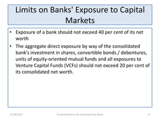 Limits on Banks' Exposure to Capital
                 Markets
• Exposure of a bank should not exceed 40 per cent of its net
  worth
• The aggregate direct exposure by way of the consolidated
  bank’s investment in shares, convertible bonds / debentures,
  units of equity-oriented mutual funds and all exposures to
  Venture Capital Funds (VCFs) should not exceed 20 per cent of
  its consolidated net worth.




11/10/2012           Prudential Norms for Investments by Banks   17
 