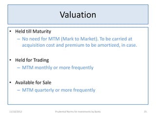 Valuation
• Held till Maturity
   – No need for MTM (Mark to Market). To be carried at
     acquisition cost and premium to be amortized, in case.

• Held for Trading
   – MTM monthly or more frequently

• Available for Sale
   – MTM quarterly or more frequently



11/10/2012           Prudential Norms for Investments by Banks   25
 