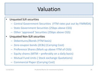 Valuation
• Unquoted SLR securities
   – Central Government Securities (YTM rates put out by FIMMDA)
   – State Government Securities (25bps above CGS)
   – Other ‘approved’ Securities (25bps above CGS)
• Unquoted Non-SLR securities
   – Debentures/Bonds (YTM basis)
   – Zero coupon bonds (ZCBs) (Carrying Cost)
   – Preference Shares (Mark up above YTM of CGS)
   – Equity shares (MTM – preferably on a daily basis)
   – Mutual Fund Units ( Stock exchange Quotations)
   – Commercial Paper (Carrying Cost)

11/10/2012           Prudential Norms for Investments by Banks   26
 