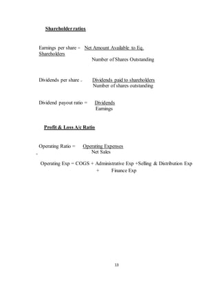 13
Shareholderratios
Earnings per share = Net Amount Available to Eq.
Shareholders
Number of Shares Outstanding
Dividends per share = Dividends paid to shareholders
Number of shares outstanding
Dividend payout ratio = Dividends
Earnings
Profit & Loss A/c Ratio
Operating Ratio = Operating Expenses
Net Sales
Operating Exp = COGS + Administrative Exp +Selling & Distribution Exp
+ Finance Exp
 