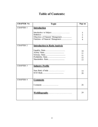 4
Table of Contents:
CHAPTER No Topic Page no
CHAPTER 1 Introduction
Introduction to Subject………………………..
Definition ……...…………………
Objectives of Financial Management.....................
Functions of Financial Management.......................
5
5
6
8
CHAPTER 2 Introduction to Ratio Analysis
Liquidity Ratio.........................................
Activity Ratio.........................................
Solvency Ratio..........................................
Profitability Ratio......................................
Shareholders Ratio..................................
10
11
11
12
13
CHAPTER 3 Industry Profile
State Bank of India ……………………
ICICI Bank............................................
14
20
CHAPTER 4 Comments
Comments ……………………. 26
Webiliography………………………………. 29
 
