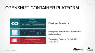 Copyright	©	2018	NuoDB	
12	
OPENSHIFT CONTAINER PLATFORM
Developer Experience
Enterprise Kubernetes++ container
orchestration
Trusted by Fortune Global 500
companies
 