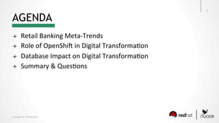 Copyright	©	2018	NuoDB	
AGENDA
3	
+  Retail	Banking	Meta-Trends		
+  Role	of	OpenShiY	in	Digital	TransformaKon	
+  Database	Impact	on	Digital	TransformaKon	
+  Summary	&	QuesKons	
 