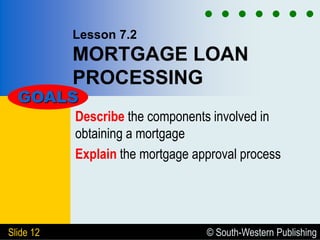 © South-Western Publishing
Slide 12
Lesson 7.2
MORTGAGE LOAN
PROCESSING
Describe the components involved in
obtaining a mortgage
Explain the mortgage approval process
GOALS
 