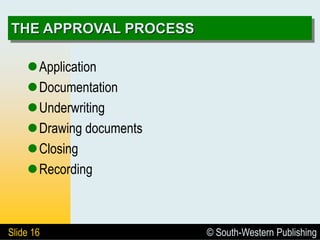© South-Western Publishing
Slide 16
THE APPROVAL PROCESS
Application
Documentation
Underwriting
Drawing documents
Closing
Recording
 