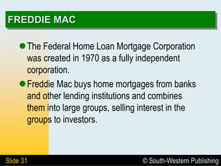© South-Western Publishing
Slide 31
FREDDIE MAC
The Federal Home Loan Mortgage Corporation
was created in 1970 as a fully independent
corporation.
Freddie Mac buys home mortgages from banks
and other lending institutions and combines
them into large groups, selling interest in the
groups to investors.
 