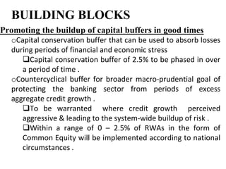 BUILDING BLOCKS
Promoting the buildup of capital buffers in good times
oCapital conservation buffer that can be used to absorb losses
during periods of financial and economic stress
Capital conservation buffer of 2.5% to be phased in over
a period of time .
oCountercyclical buffer for broader macro-prudential goal of
protecting the banking sector from periods of excess
aggregate credit growth .
To be warranted where credit growth perceived
aggressive & leading to the system-wide buildup of risk .
Within a range of 0 – 2.5% of RWAs in the form of
Common Equity will be implemented according to national
circumstances .
 