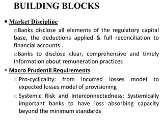 BUILDING BLOCKS
 Market Discipline
oBanks disclose all elements of the regulatory capital
base, the deductions applied & full reconciliation to
financial accounts .
oBanks to disclose clear, comprehensive and timely
information about remuneration practices
 Macro Prudentil Requirements
o Pro-cyclicality: from incurred losses model to
expected losses model of provisioning
o Systemic Risk and Interconnectedness: Systemically
important banks to have loss absorbing capacity
beyond the minimum standards
 