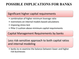 POSSIBLE IMPLICATIONS FOR BANKS
Significant higher capital requirements
• combination of higher minimum leverage ratio
• restrictions on internal models based calculations
• imposing stress test
• Pillar 2 cushion above minimum capital requirements
Capital Management Requirements by banks
Less risk-sensitive approach to both capital ratios
and internal modeling
• banks to re-examine the balance between lower and higher
risk businesses
 