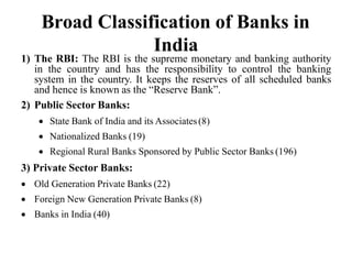 Broad Classification of Banks in
India
1) The RBI: The RBI is the supreme monetary and banking authority
in the country and has the responsibility to control the banking
system in the country. It keeps the reserves of all scheduled banks
and hence is known as the “Reserve Bank”.
2) Public Sector Banks:
 State Bank of India and its Associates(8)
 Nationalized Banks (19)
 Regional Rural Banks Sponsored by Public Sector Banks (196)
3) Private Sector Banks:
 Old Generation Private Banks (22)
 Foreign New Generation Private Banks (8)
 Banks in India (40)
 