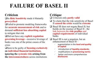 FAILURE OF BASEL II
Criticism Critique
Its Risk Sensitivity made it blatantly
pro-cyclical
Failed to promote modeling frameworks
for accurate measurement of risk and to
demand sufficient loss absorbing capital
to mitigate that risk
Did not have any explicit regulation
governing leverage - excessive leverage of
banks was one of the prime causes of the
crisis
Seen to be guilty of focusing exclusively
on individual financial institutions,
ignoring the systemic risk arising from
the interconnectedness across institutions
 Criticism only partly valid
 To claim that the risk sensitivity of Basel
II caused the crisis would be extreme
 Basel III does not negate Basel II; but
builds on the essence of Basel II - the
link between the risk profiles and
capital requirements of individual
banks
 Basel III is not a negation, but an
enhancement of Basel II –
 augmentation in the level and quality
of capital
 introduction of liquidity standards;
 modifications in provisioning norms
 better and more comprehensive
disclosures
 