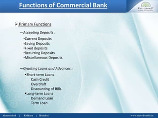 Functions of Commercial Bank
 Primary Functions
―Accepting Deposits :
•Current Deposits
•Saving Deposits
•Fixed deposits
•Recurring Deposits
•Miscellaneous Deposits.
―Granting Loans and Advances :
Short-term Loans
Cash Credit
Overdraft
Discounting of Bills.
Long-term Loans
Demand Loan
Term Loan.
 