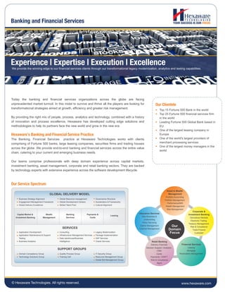 www.hexaware.com
Experience | Expertise | Execution | Excellence
© Hexaware Technologies. All rights reserved.
Today the banking and financial services organizations across the globe are facing
unprecedented market turmoil. In this midst to survive and thrive all the players are looking for
transformational strategies aimed at growth, efficiency and greater risk management.
By providing the right mix of people, process, analytics and technology, combined with a history
of innovation and process excellence, Hexaware has developed cutting edge solutions and
methodologies to help its partners face the new world and grow in the new era.
Hexaware’s Banking and Financial Service Practice
The Banking, Financial Services practice at Hexaware Technologies works with clients
comprising of Fortune 500 banks, large leasing companies, securities firms and trading houses
across the globe. We provide end-to-end banking and financial services across the entire value
chain, catering to your current and emerging business needs.
Our teams comprise professionals with deep domain experience across capital markets,
investment banking, asset management, corporate and retail banking sectors. They are backed
by technology experts with extensive experience across the software development lifecycle.
We provide the winning edge to our financial services clients through our transformational legacy modernization, analytics and testing capabilities.
Our Service Spectrum
GLOBAL DELIVERY MODEL
SERVICES
SUPPORT GROUPS
Business Strategy Alignment
Engagement Management Framework
Global Delivery Excellence
Global Resource management
Global Development Centers
Skilled Talent Pool
Governance Structure
Accelerators & Frameworks
Cultural Alignment
Capital Market &
Investment Banking
Wealth
Management
Banking
Services
Payments &
Cards
Leasing
Application Development
Application Maintenance & Support
Testing
Business Analytics
Consulting
Infrastructure Management Services
Data warehouse/Business
Intelligence
Legacy Modernization
Package Implementation
SAP Services
Oracle Services
Domain Competency Group
Technology Solutions Group
Quality Process Group
Training Cell
IT Security Group
Resource Management Group
Global Bid Management Group
•
•
•
•
•
•
•
•
•
•
•
••
•
•
•
•
•
•
•
•
•
•
•
•
•
• Top 15 Fortune 500 Bank in the world
• Top 25 Fortune 500 financial services firm
in the world
• Leading Fortune 500 Global Bank based in
EU
• One of the largest leasing company in
Europe
• One of the world's largest providers of
merchant processing services
• One of the largest money managers in the
world
Our Clientele
Asset & Wealth
Management
Portfolio Accounting
Portfolio Management
Performance/MIS
Wealth Management
Risk Management
Insurance Services
New Business &
Underwriting
Policy Servicing
Claims Management
Channel Management
Retail Banking
Delivery Channels
Decision Support / Analytics
CRM
Cards
Payments / SWIFT
Risk & Compliance
Mgmt
Financial Services
Leasing
Mortgage
Receivables Management
Corporate &
Investment Banking
Derivatives Markets
Electronic Trading
Treasury Management
Risk & Compliance
Trade Finance
Custodian
Our
Domain
Focus
Banking and Financial Services
 