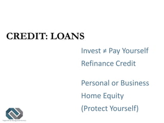 CREDIT: LOANS
Invest ≠ Pay Yourself
Refinance Credit
Personal or Business
Home Equity
(Protect Yourself)
 