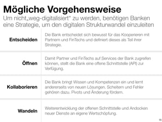 15
Entscheiden
Öﬀnen
Kollaborieren
Wandeln
Die Bank entscheidet sich bewusst für das Kooperieren mit
Partnern und FinTechs und deﬁniert dieses als Teil ihrer
Strategie.
Damit Partner und FinTechs auf Services der Bank zugreifen
können, stellt die Bank eine offene Schnittstelle (API) zur
Verfügung.
Die Bank bringt Wissen und Kompetenzen ein und lernt
andererseits von neuen Lösungen. Scheitern und Fehler
gehören dazu. Pivots und Änderung fördern.
Weiterentwicklung der offenen Schnittstelle und Andocken
neuer Dienste an eigene Wertschöpfung.
Mögliche Vorgehensweise
Um nicht„weg-digitalisiert“ zu werden, benötigen Banken
eine Strategie, um den digitalen Strukturwandel einzuleiten
 