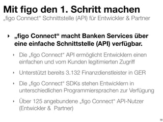 „ﬁgo Connect“ Schnittstelle (API) für Entwickler & Partner
Mit ﬁgo den 1. Schritt machen
‣ „ﬁgo Connect“ macht Banken Services über
eine einfache Schnittstelle (API) verfügbar.
‣ Die „ﬁgo Connect“ API ermöglicht Entwicklern einen
einfachen und vom Kunden legitimierten Zugriff
‣ Unterstützt bereits 3.132 Finanzdienstleister in GER
‣ Die „ﬁgo Connect“ SDKs stehen Entwicklern in
unterschiedlichen Programmiersprachen zur Verfügung
‣ Über 125 angebundene „ﬁgo Connect“ API-Nutzer
(Entwickler & Partner)
19
 