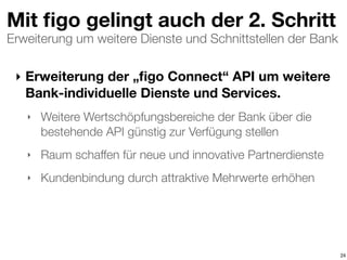 Erweiterung um weitere Dienste und Schnittstellen der Bank
Mit ﬁgo gelingt auch der 2. Schritt
‣ Erweiterung der „ﬁgo Connect“ API um weitere
Bank-individuelle Dienste und Services.
‣ Weitere Wertschöpfungsbereiche der Bank über die
bestehende API günstig zur Verfügung stellen
‣ Raum schaffen für neue und innovative Partnerdienste
‣ Kundenbindung durch attraktive Mehrwerte erhöhen
24
 