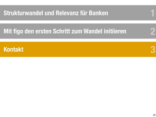 25
Mit ﬁgo den ersten Schritt zum Wandel initiieren
Strukturwandel und Relevanz für Banken 1
2
Kontakt 3
 