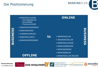 Die Positionierung OFFLINE BANKINGLOUNGE   - Vortragsabende   - Roundtable   - Praxiswerkstatt BANKINGKONGRESS BANKINGOPEN FIRMENFÜHRUNG BANKINGLUNCH BANKINGSEMINARE BANKINGCLUB INSURANCECLUB BANKINGLOUNGE BANKINGBOERSE BANKINGNEWS BANKINGBLOG BANKINGCLUB-ONLINE ONLINE BUSINESS BUSINESS to 