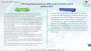 Financial, M&A Updates
IT Shades
Engage & Enable
VTB Group (Russia) announces IFRS results for October and 10
months of 2019
• Total assets amounted to RUB 15.6 trillion as of 31 October 2019, up 5.7% year-to-date,
including growth of loans and advances to customers (hereafter before provision charge for
credit losses and other provisions) of 3.9% year-to-date to RUB 11.9 trillion.
• In 10M 2019 retail lending was the key growth driver having increased by 1.2% in October
and by 15.8% year-to-date. In October 2019 loan portfolio to legal entities decreased by 1.0%
due to repayment of several large exposures. In 10M 2019 loan portfolio to legal entities
decreased by 0.4%. At the same time the Group achieved robust loan growth in SME segment
where the loan book grew by 11.7% year-to-date (including SME assets of Vozrozhdenie Bank
as of 31 December 2018).
• As of 31 October 2019 the Group’s market share in Russia in corporate and retail lending
reached 19.0% (up 30 bps year-to-date) and 18.5%* (up 70 bps year-to-date), respectively.
• Deposits from legal entities increased by 3.0% in October and by 11.4% in 10M 2019, while
deposits from individuals increased by 0.9% in October and by 10.0% in 10M 2019
significantly outperforming the average market indicators.
• The share of customer funding in the Group’s total liabilities reached 82.4% as of 31 October
2019 (31 December 2018: 78.6%). Out of total funding from customers 42.0% was raised from
individuals as of 31 October 2019.
• As a result of accelerated growth of customer funding in 2019 the ratio of loan portfolio to
customer funding (LDR ratio) dropped to 96.5% as of 31 October 2019 (31 December 2018:
102.8%).
• As of 31 October 2019 the Group’s market share in Russia in corporate and retail funding was
21.7% (up 100 bps year-to-date) and 15.1% (up 110 bps year-to-date), respectively.
Executive Commentary
First Deputy President and Chairman of VTB Management Board, said: “We started the
fourth quarter with continuing improvement of core profitability on the backdrop of stable
asset quality, slowing down of costs growth and further strengthening of balance sheet
structure. The Group’s net profit reached RUB 147.6 billion in 10M 2019 which
corresponds to ROE of 11.4%, while in October 2019 net profit was RUB 19.6 billion
(ROE 14.3%). Gross customer loans increased by 3.9% year-to-date, while retail loans
grew by 15.8% and the share of retail loans in the total loan book reached 29.2%. Funding
from customers grew by 10.8% year-to-date and its share in the Group’s total liabilities rose
to 82.4%. The results of October and 10M 2019 support our full year net profit guidance of
RUB 200 billion”.
For any queries, Please write to marketing@itshades.com
Description
16
 