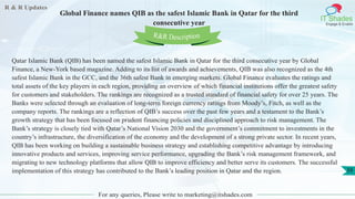 R & R Updates
IT Shades
Engage & Enable
Global Finance names QIB as the safest Islamic Bank in Qatar for the third
consecutive year
For any queries, Please write to marketing@itshades.com
39
Qatar Islamic Bank (QIB) has been named the safest Islamic Bank in Qatar for the third consecutive year by Global
Finance, a New-York based magazine. Adding to its list of awards and achievements, QIB was also recognized as the 4th
safest Islamic Bank in the GCC, and the 36th safest Bank in emerging markets. Global Finance evaluates the ratings and
total assets of the key players in each region, providing an overview of which financial institutions offer the greatest safety
for customers and stakeholders. The rankings are recognized as a trusted standard of financial safety for over 25 years. The
Banks were selected through an evaluation of long-term foreign currency ratings from Moody’s, Fitch, as well as the
company reports. The rankings are a reflection of QIB’s success over the past few years and a testament to the Bank’s
growth strategy that has been focused on prudent financing policies and disciplined approach to risk management. The
Bank’s strategy is closely tied with Qatar’s National Vision 2030 and the government’s commitment to investments in the
country’s infrastructure, the diversification of the economy and the development of a strong private sector. In recent years,
QIB has been working on building a sustainable business strategy and establishing competitive advantage by introducing
innovative products and services, improving service performance, upgrading the Bank’s risk management framework, and
migrating to new technology platforms that allow QIB to improve efficiency and better serve its customers. The successful
implementation of this strategy has contributed to the Bank’s leading position in Qatar and the region.
R&R Description
 