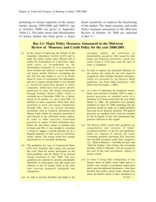 Report on Trend and Progress of Banking in India, 1999-2000



pertaining to various segments of the money                     thrust essentially to improve the functioning
market during 1999-2000 and 2000-01 (up                         of the market. The major monetary and credit
to October 2000) are given in Appendix                          Policy measures announced in the Mid-term
Table I.2. The table shows that liberalisation                  Review of October 10, 2000 are indicated
of money market has been given a major                          in Box I.1.

             Box I.1: Major Policy Measures Announced in the Mid-term
            Review of Monetary and Credit Policy for the year 2000-2001
 (i)    In the context of improving the efficacy of the                secondary market, the restriction on
        Liquidity Adjustment Facility (LAF) and to                     transferability period for CDs issued by both
        make the money market more efficient and to                    banks and financial institutions, which was
        enable the development of a short-term rupee                   earlier fixed at 15/30 days from the date of
        yield curve, as recommended by the                             issue, is withdrawn.
        Narasimham Committee II, it is necessary to
        move towards the objective of pure inter-bank           (iv)   In order to improve the functional efficiency of
        call money market. However, considering the                    the market, the rating for the term deposits
        fact that the repo market is yet to be broad-                  accepted by select all-India financial institutions,
        based in terms of instruments and participants                 which are governed by the Reserve Bank
        and yet to acquire enough depth, it was decided                guidelines, has been made mandatory, with
        to extend the permission granted to select                     effect from November 1, 2000.
        corporates, which have been given specific
        permission to route call money transactions             (v)    As a part of tightening the prudential norms,
        through Primary Dealers (PDs) which is                         banks were advised in October 1998 to make a
        available up to December 2000, for a further                   general provision on standard assets of a
        period of six months, i.e., up to June 2001. In                minimum of 25 basis points from the year ended
        addition to select corporates which have been                  March 31, 2000. The guidelines were partially
        permitted to route call money transactions                     modified on April 24, 2000 stipulating that the
        through PDs, there are several non-bank                        provision should be made on a global portfolio
        institutions such as Financial Institutions and                basis and not on domestic advances. The general
        Mutual Funds which are currently permitted to                  provision on standard assets woud be included
        lend directly in the call/notice money market.                 in Tier II Capital, in line with international best
        In order to make necessary transitional                        practices followed in this regard.
        provisions in respect of these institutions also,
        before the call money market is confined only           (vi)   The Reserve Bank issued final guidelines on
        to banks and PDs, it was decided to constitute                 categorisation and valuation of banks’
        a Group to suggest a smooth phasing out by a                   investment portfolio. As per the new guidelines,
        planned reduction in their access to call/notice               banks are required to classify the entire
        money market. The Group would also include                     investment portfolio (including SLR securities
        representatives of non-bank institutions.                      and non-SLR securities) under three categories,
                                                                       viz., ‘Held to Maturity’, ‘Available for Sale’ and
 (ii)   The guidelines for issue of Commercial Paper                   ‘Held for Trading’. Out of these, the investment
        (CP) were finalised, after taking into account                 portfolio ‘Held to Maturity’ will not exceed 25
        the views from the market participants on the                  per cent of the total investments, subject to
        draft guidelines and the Report of an Internal                 certain criteria.
        Group circulated in July 2000. The new
        guidelines are expected to provide considerable         (vii) In order to bring more transparency to the
        flexibility to participants and add depth and                 balance sheets of public sector banks and as a
        vibrancy to the CP market while at the same                   further step towards consolidated supervision
        time ensuring prudential safeguards and                       and to provide additional disclosures, it has been
        transparency.                                                 decided that public sector banks should also
                                                                      annex the balance sheets of their subsidiaries to
 (iii) In order to provide flexibility and depth to the                                                     (Contd....)



                                                            2
 