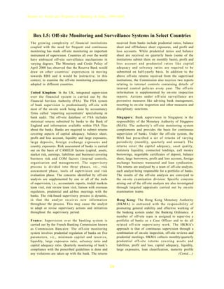 Report on Trend and Progress of Banking in India, 1999-2000




   Box I.5: Off-site Monitoring and Surveillance Systems in Select Countries
 The growing complexity of financial institutions                 received from banks include prudential ratios, balance
 coupled with the need for frequent and continuous                sheet and off-balance sheet exposures, and profit and
 monitoring has made off-site monitoring an important             loss accounts. While prudential ratios and balance
 instrument of supervision. Countries all over the world          sheet are received on quarterly basis (some of the
 have embraced off-site surveillance mechanisms in                institutions submit them on monthly basis), profit and
 varying degrees. The Monetary and Credit Policy of               loss account and prudential ratios like capital
 April 2000 has observed that the Reserve Bank would              adequacy and solvency ratios are required to be
 draw on other countries’ experiences in moving                   submitted on half-yearly basis. In addition to the
 towards RBS and it would be instructive, in this                 above off-site returns received from the supervised
 context, to examine the off-site monitoring procedures           institutions, the Commission also receives two reports
 adopted in different countries.                                  relating to internal controls containing details of
                                                                  internal control policies every year. The off-site
 United Kingdom: In the UK, integrated supervision                information is supplemented by on-site inspection
 over the financial system is carried out by the                  reports. Actions under off-site surveillance are
 Financial Services Authority (FSA). The FSA system               preventive measures like advising bank management,
 of bank supervision is predominantly off-site with               resorting to on-site inspection and other measures and
 most of the on-site work being done by accountancy               disciplinary sanctions.
 firms called ‘reporting accountants’ specialising in
 bank audit. The off-site database of FSA includes                Singapore: Bank supervision in Singapore is the
 statistical returns submitted by banks to the Bank of            responsibility of the Monetary Authority of Singapore
 England and information available within FSA files               (MAS). The authority’s off-site monitoring system
 about the banks. Banks are required to submit returns            complements and provides the basis for continuous
 covering aspects of capital adequacy, balance sheet,             supervision of banks. Under the off-site system, the
 profit and loss account, liquidity and large exposures,          MAS has prescribed a set of returns of varying
 large deposits, foreign exchange exposures and                   periodicity (monthly, quarterly and annual). The
 country exposures. Risk assessment of banks is carried           returns cover the capital adequacy, asset quality,
 out on the basis of CAMELB factors (capital, assets,             statutory liquidity, connected lendings, call money
 market risk, earnings, liabilities and business) covering        borrowings, negotiable certificates of deposit, balance
 business risk and COM factors (internal controls,                sheet, large borrowers, profit and loss account, foreign
 organisation and management). The supervisory                    exchange business transacted and loan syndication.
 process is divided into three phases, viz., risk                 The returns are analysed by a team of off-site analysts,
 assessment phase, tools of supervision and risk                  each analyst being responsible for a portfolio of banks.
 evaluation phase. The concerns identified by off-site            The results of the off-site analysis are conveyed to
 analysis are supplemented by one or all of the tools             the on-site examination division. Specific concerns
 of supervision, i.e., accountants reports, traded markets        arising out of the off-site analysis are also investigated
 team visit, risk review team visit, liaison with overseas        through targeted appraisals carried out by on-site
 regulators, prudential and ad-hoc meetings with the              examination teams.
 banks. The risk-based supervisory process is dynamic,
 in that the analyst receives new information                     Hong Kong: The Hong Kong Monetary Authority
 throughout the process. This may cause the analyst               (HKMA) is entrusted with the responsibility of
 to adapt or revise supervisory actions and initiatives           promoting general stability and effective working of
 throughout the supervisory period.                               the banking system under the Banking Ordinance. A
                                                                  member of off-site team is assigned to supervise a
 France: Supervision over the banking system is                   portfolio of banks as a Case Officer and to do all
 carried out by the French Banking Commission known               related off-site supervisory work. The HKMA’s
 as Commission Bancaire. The off-site monitoring                  approach is that of continuous supervision through a
 system involves prudential regulation of banks on five           combination of on-site inspection, off-site reviews and
 parameters, viz., minimum capital and reserves,                  prudential meetings. HKMA collects monthly/quarterly
 liquidity, large exposures ratio, solvency ratio and             prudential off-site returns covering assets and
 capital adequacy ratio. Quarterly monitoring of bank’s           liabilities, profit and loss, capital adequacy, liquidity,
 compliance with the prescribed guidelines is done and            large exposures, loan classification, maturity profile
 any violations are taken up with the bank. The returns                                                         (Contd....)



                                                             26
 