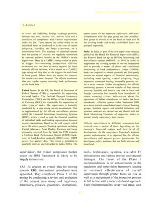 Banking Developments and Perspectives




  (...Concld.)


 of assets and liabilities, foreign exchange position,           report covers all the important supervisory indicators.
 interest rate risk, country risk, market risks and a            Comparisons with the peer group are also provided.
 certificate of compliance with various requirements             Peer group is arrived at on the basis of asset size of
 under the law. These returns are called either on an            the existing banks and newly established banks are
 individual basis, or combined or in the case of capital         grouped separately.
 adequacy, liquidity and large exposures, on a
 consolidated basis. The accuracy of submitted returns           India: In India, as part of the new supervisory strategy
 and the quality of systems are regularly scrutinised            piloted by the Board for Financial Supervision (BFS),
 by external auditors, besides by the HKMA’s on-site             the Reserve Bank set up an Off-Site Monitoring and
 supervisors. There is a CAMEL rating system in place            Surveillance system (OSMOS) in 1995 in order to
 to trigger discriminatory supervision. Off-site                 supplement the existing system of on-site inspections
 examiners use the data to make regular (at least                and to provide a means of closer and continuous
 annual) off-site reviews, which result in a CAMEL               monitoring of bank performance. Under OSMOS,
 type rating and they also set the triggers for each bank        banks are required to submit quarterly and half-yearly
 or bank group. Where there are causes for concern,              returns on several aspects of financial performance,
 the reviews are more frequent. The off-site examiners           including asset quality, capital adequacy, large
 also run regular reports mirroring bank performance             exposures, connected lending, ownership patterns, etc.
 on the bank data.                                               As a move towards further strengthening the off-site
                                                                 monitoring process, a second tranche of four returns
 United States: In the US, the Board of Governors of             covering liquidity and interest rate risk in local and
 Federal Reserve (FED) is responsible for supervising            foreign currencies has recently been introduced. A
 national banks. The Federal Deposit Insurance                   return covering critical information about the
 Corporation (FDIC) and the Office of the Comptroller            operations of Indian subsidiaries of banks has been
 of Currency (OCC) are responsible for supervision of            introduced, effective quarter ended September 2000
 other types of banks. The supervision is basically              as a move towards consolidated supervision of banking
 conducted by a very strong on-site examination. This            groups. Standard reports and detailed individual and
 is supplemented by the off-site surveillance process            systemic analyses are carried out and shared with the
 called the Financial Institutions Monitoring Systems            Bank Monitoring Divisions of respective banks to
 (FIMS), which is used to track the financial condition          initiate timely supervisory intervention.
 of individual banks and banking organizations between
 on-site examinations. Based on the call reports, which          Off-site surveillance in different economies has
 cover the entire gamut of banking operations including          evolved over a period of time, depending on the
 Capital Adequacy, Asset Quality, Earnings and Large             country’s financial system and their level of
 exposures, received from the bank, the FED prepares             development. As the supervisory framework acquires
 a Uniform Bank Performance Report (UBPR) bank-                  greater sophistication, it is expected that the off-site
 wise or bank-holding company (BHC)-wise. UBPR                   surveillance will acquire greater prominence for
 covers five quarter’ data. This report is generated at          developing policy positions that are both relevant and
 quarterly intervals and forwarded to banks/ BHCs. The           beneficial.


supervision’, the overall compliance burden                      tools, techniques, systems, available IT
under the RBS framework is likely to be                          infrastructure and various internal and external
largely rationalised.                                            linkages. The thrust of the Phase 1
                                                                 recommendations is on enhancements to the
1.82 To develop an overall plan for moving                       regulation and supervision framework leading
towards RBS, international consultants were                      to increased effectiveness of overall
appointed. They completed Phase 1 of the                         supervision through greater focus on risk as
project by conducting a review and evaluation                    well as a realignment of the inspection process
of the current supervisory and regulatory                        to fall in line with a more risk-based approach.
framework, policies, guidelines, instructions,                   Their recommendations cover vital areas, such

                                                            27
 