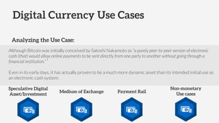 Digital Currency Use Cases
Speculative Digital
Asset/Investment
Medium of Exchange Payment Rail
Non-monetary
Use cases
Analyzing the Use Case:
Although Bitcoin was initially conceived by Satoshi Nakamoto as “a purely peer-to-peer version of electronic
cash (that) would allow online payments to be sent directly from one party to another without going through a
financial institution.”
1
Even in its early days, it has actually proven to be a much more dynamic asset than its intended initial use as
an electronic cash system:
 