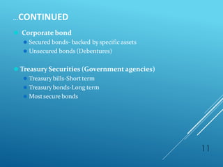 …CONTINUED
11
⚫ Corporate bond
⚫ Secured bonds- backed byspecific assets
⚫ Unsecured bonds (Debentures)
⚫ Treasury Securities (Government agencies)
⚫ Treasury bills-Shortterm
⚫ Treasury bonds-Long term
⚫ Mostsecure bonds
 