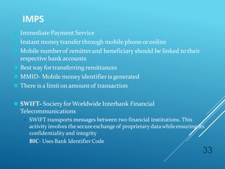 IMPS
33
⚫ Immediate Payment Service
⚫ Instant money transferthrough mobile phone oronline
⚫ Mobile numberof remitterand beneficiary should be linked to their
respective bank accounts
⚫ Bestway fortransferring remittances
⚫ MMID- Mobile money identifier is generated
⚫ There is a limiton amountof transaction
⚫ SWIFT- Society forWorldwide Interbank Financial
Telecommunications
⚫ SWIFT transports messages between two financial institutions. This
activity involves the secureexchange of proprietarydatawhileensuring its
confidentiality and integrity
⚫ BIC- Uses Bank Identifier Code
 