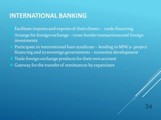 INTERNATIONAL BANKING
34
⚫ Facilitate importsand exportsof theirclients – trade financing
⚫ Arrangeforforeignexchange – cross-bordertransactionsand foreign
investments
⚫ Participate in international loan syndicate – lending to MNCs- project
financing and tosovereigngovernments – economicdevelopment
⚫ Trade foreignexchangeproducts fortheirownaccount
⚫ Gateway forthe transferof remittances byexpatriates
 
