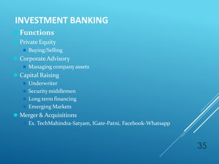 INVESTMENT BANKING
35
⚫Functions
⚫ Private Equity
⚫ Buying/Selling
⚫ CorporateAdvisory
⚫ Managing company assets
⚫ Capital Raising
⚫ Underwriter
⚫ Security middlemen
⚫ Long term financing
⚫ Emerging Markets
⚫ Merger & Acquisitions
⚫ Ex. TechMahindra-Satyam, IGate-Patni, Facebook-Whatsapp
 