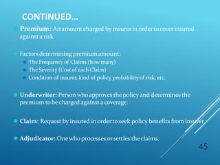 CONTINUED…
45
⚫ Premium: An amountcharged by insurerin ordertocoverinsured
againsta risk
⚫ Factorsdetermining premium amount:
⚫ The Frequencyof Claims (how many)
⚫ The Severity (Costof each Claim)
⚫ Condition of insurer, kind of policy, probabilityof risk, etc.
⚫ Underwriter: Person whoapproves thepolicy and determines the
premium to becharged againstacoverage.
⚫ Claim: Request by insured in ordertoseek policy benefits from insurer
⚫ Adjudicator: One who processes orsettles theclaims.
 
