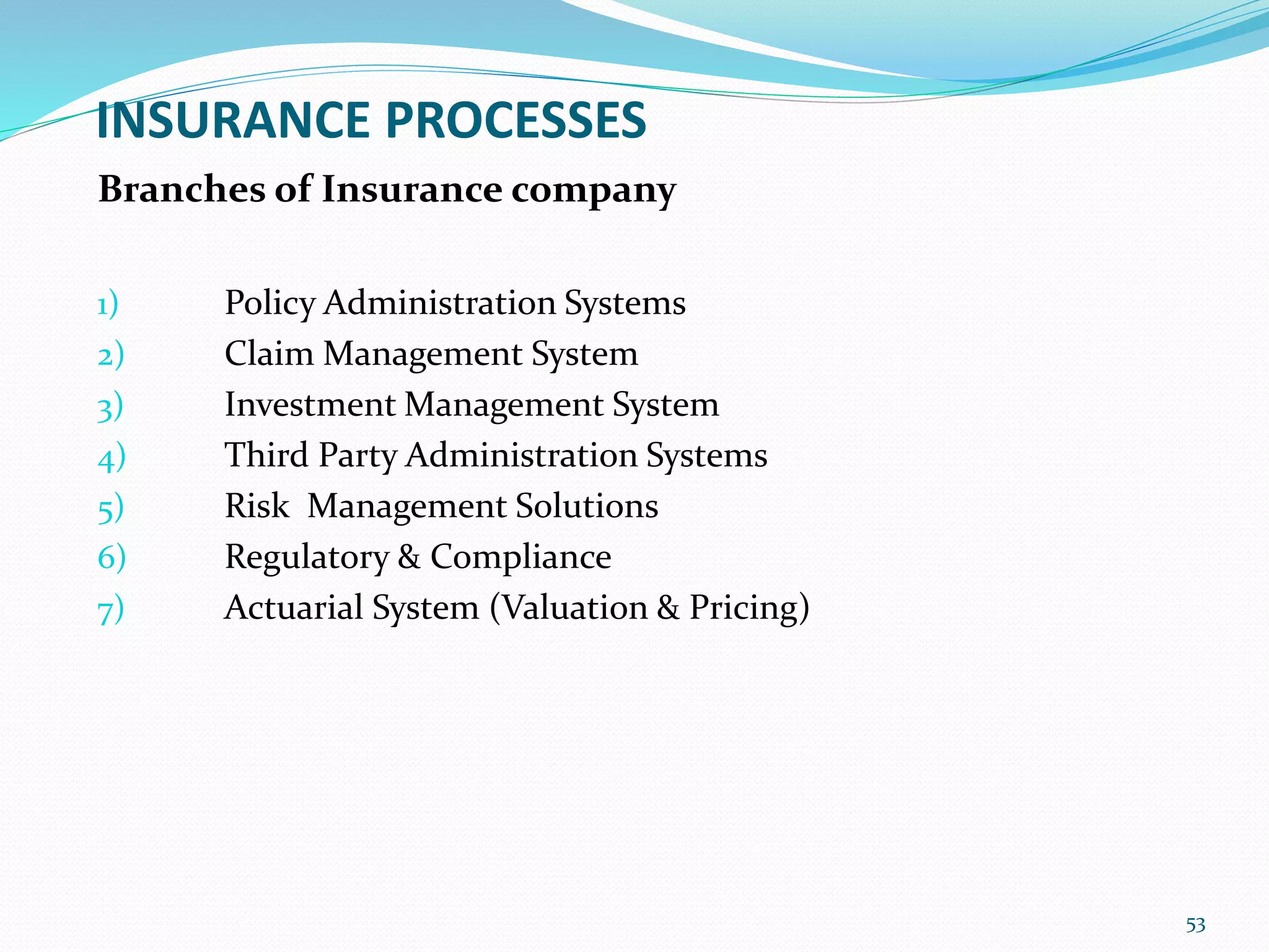 INSURANCE PROCESSES
Branches of Insurance company
1) Policy Administration Systems
2) Claim Management System
3) Investment Management System
4) Third Party Administration Systems
5) Risk Management Solutions
6) Regulatory & Compliance
7) Actuarial System (Valuation & Pricing)
53
 