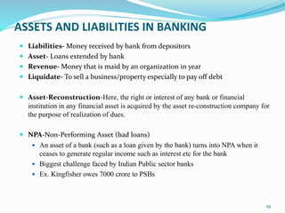 ASSETS AND LIABILITIES IN BANKING
 Liabilities- Money received by bank from depositors
 Asset- Loans extended by bank
 Revenue- Money that is maid by an organization in year
 Liquidate- To sell a business/property especially to pay off debt
 Asset-Reconstruction-Here, the right or interest of any bank or financial
institution in any financial asset is acquired by the asset re-construction company for
the purpose of realization of dues.
 NPA-Non-Performing Asset (bad loans)
 An asset of a bank (such as a loan given by the bank) turns into NPA when it
ceases to generate regular income such as interest etc for the bank
 Biggest challenge faced by Indian Public sector banks
 Ex. Kingfisher owes 7000 crore to PSBs
29
 