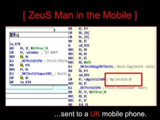 [ ZeuS Man in the Mobile ]


                                   Spoofed SMS
                                   Sender ID




ID Token (remember
this for later! It is
important)




                        …sent to a UK mobile phone.
 