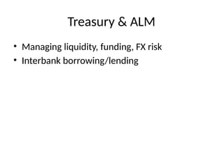 Treasury & ALM
• Managing liquidity, funding, FX risk
• Interbank borrowing/lending
 
