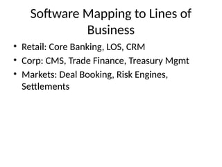 Software Mapping to Lines of
Business
• Retail: Core Banking, LOS, CRM
• Corp: CMS, Trade Finance, Treasury Mgmt
• Markets: Deal Booking, Risk Engines,
Settlements
 