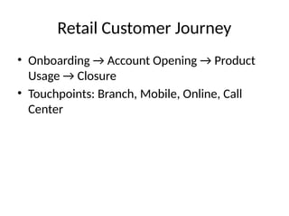 Retail Customer Journey
• Onboarding → Account Opening → Product
Usage → Closure
• Touchpoints: Branch, Mobile, Online, Call
Center
 