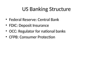 US Banking Structure
• Federal Reserve: Central Bank
• FDIC: Deposit Insurance
• OCC: Regulator for national banks
• CFPB: Consumer Protection
 