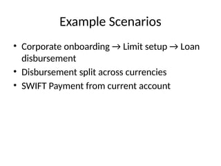 Example Scenarios
• Corporate onboarding → Limit setup → Loan
disbursement
• Disbursement split across currencies
• SWIFT Payment from current account
 