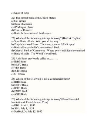 e) None of these
22) The central bank of theUnited States:
a) Citi Group
b) Bank ofAmerica
c) JP Morgan Chase
d) Federal Reserve
e) Bank for International Settlements
23) Which of the following pairings is wrong? (Bank & Tagline)
a) State Bank ofIndia: With you all the way
b) Punjab National Bank : The name you can BANK upon!
c) Bank ofBaroda:India‘s International Bank
d) Oriental Bank of Commerce : Where every individual committed
e) Bank of India : The World‘s local bank
24) Axis Bank previously called as……….
a) IDBI Bank
b) HDFC Bank
c) YES Bank
d) ICICI Bank
e) UTI Bank
25) Which of the following is not a commercial bank?
a) IDBI Bank
b) HDFC Bank
c) ICICI Bank
d) EXIM Bank
e) AXIS Bank
26) Which of the following pairings is wrong?(Bank/Financial
Institution & Establishment Year)
a) RBI : April 1, 1935
b) SBI : July 1, 1955
c) NABARD : July 12, 1982

 
