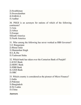 2) Swabhiman
3) Swawalamban
4) SABALA
5) Aadhar
30. PIIGS is an acronym for nations of which of the following
continents?
1) Asia
2) Africa
3) Europe
4)South America
5) North America
31. Who among the following has never worked as RBI Governor?
1) C.Rangarajan
2) Bimal Jalan
3) Manmohan Singh
4) L.K.Jha
5) Yashwant Sinha
32. Which bank has taken over the Centurion Bank of Punjab?
1) ICICI Bank
2) HDFC Bank
3) IDBI Bank
4) AXIS Bank
5) OBC
33. Which country is considered as the pioneer of Micro Finance?
1) India
2) Pakistan
3) Bangladesh
4) Sri Lanka
5) China
Answers

 