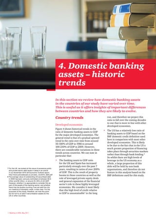 4. Domestic banking
                                                              assets – historic
                                                              trends
                                                            In this section we review how domestic banking assets
                                                            in the countries of our study have varied over time.
                                                            This is useful as it offers insights of important differences
                                                            between countries and how they are likely to evolve.

                                                            Country trends                                  run, and therefore we project this
                                                                                                            ratio to fall over the coming decades
                                                                                                            to one that is more in line with other
                                                            Developed economies                             developed economies.
                                                            Figure 4 shows historical trends in the
                                                                                                         • The US has a relatively low ratio of
                                                            ratio of domestic banking assets to GDP
                                                                                                           banking assets to GDP based on the
                                                            for the major developed economies. The
                                                                                                           IMF domestic credit definition used
                                                            general trend is that of a gradual upward
                                                                                                           here in comparison with most other
                                                            trend in the ratio over time from around
                                                                                                           developed economies. This is likely
                                                            50-100% of GDP in 1986 to around
                                                                                                           to be due to the fact that in the US a
                                                            100-230% of GDP in 2009. However,
                                                                                                           much greater proportion of financing
                                                            there are considerable variations in these
                                                                                                           takes place through securities markets
                                                            trends across countries. We can note in
                                                                                                           rather than through bank lending.8
                                                            particular that:
                                                                                                           So whilst there are high levels of
                                                            • The banking assets to GDP ratio              leverage in the US economy as a
                                                              for the UK and Spain has increased           whole, a large proportion of this
                                                              particularly strongly over the past 7        debt will be held by non-bank
7 For the UK, we looked at this issue of excessive public
  and private sector debt levels in detail in an article
                                                              years, resulting in ratios of over 200%      organisations, and therefore do not
  in our November 2010 UK Economic Outlook report,            of GDP. This is the result of property       feature in this analysis based on the
  http://www.pwcwebcast.co.uk/ukeo_nov2010_debt.pdf           booms in these countries as well as the      IMF definitions used for this study.
8 The average value of outstanding US securitised debt
  in 2009 has been variously estimated at between $3.6        role of leveraged private equity deals
  trillion and $5 trillion, or around 25-35% of US GDP.       and general expansion of the financial
  However, whether it is appropriate to consider this as
  part of the assets of the banking sector, and whether       sector’s role in these highly leveraged
  there may be double counting if we just add this into       economies. We consider it most likely
  our measure of domestic credit, is less clear. For the
  purposes of this study, therefore, we note this point
                                                              that this high level of credit relative
  but do not try to add in securitisation assets for the      to GDP is unsustainable7 in the long
  US or other countries.




12 Banking in 2050, May 2011
 