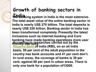 Growth of banking sectors in
India
The banking system in India is the most extensive.
The total asset value of the entire banking sector in
India is nearly US$ 270 billion. The total deposits is
nearly US$ 220 billion. Banking sector in India has
been transformed completely. Presently the latest
inclusions such as Internet banking and Core
banking have made banking operations more user
friendly andto researches carried out by the
 According easy.
 Reserve Bank of India (RBI), on an all India
 basis, 59 per cent of the adult population in the
 country has bank accounts and 41 per cent don’t.
 In rural areas, the coverage of banks is 39 per
 cent, against 60 per cent in urban areas. There is
 only one bank for a population of13000.
 
